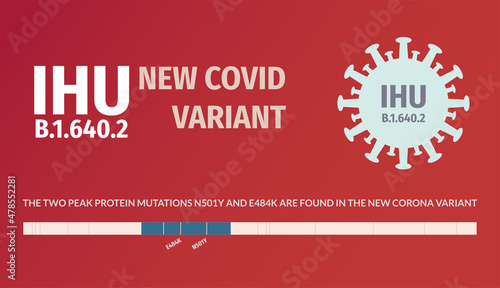Covid IHU variant in pale blue with the phrase Covid IHU variant on red background.protein mutation