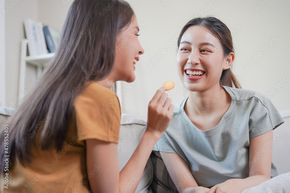 Happy lesbian, pleasure two asian young women, girl gay or close friend, couple love , moment spending good time together on sofa at home. Activity of leisure, relax. Happy lesbian, pleasure two asian young women, girl gay or close friend, couple love , moment spending good time together on sofa at home. Activity of leisure, relax.