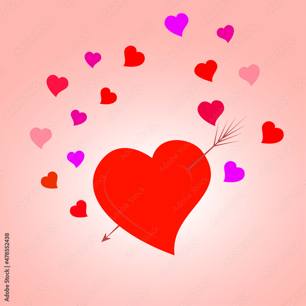 Red large heart pierced with an arrow with colored hearts on a pink background. Happy Valentine's Day, Mother's Day, March 8, World Women's Day, love.