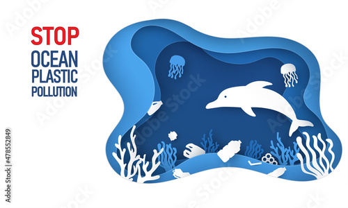 stop plastic pollution poster paper cut. Dolphin in underwater background with plastic waste and coral reefs. vector illustration in origami craft style. Save the ocean and water concept.