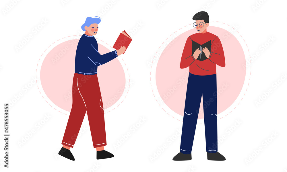 Man Walking and Reading Interesting Book Vector Set Man Walking and Reading Interesting Book Vector Set