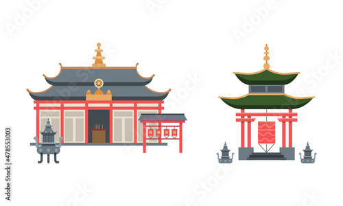 Buddhist Temple Building or Religious House as Place of Worship Vector Set