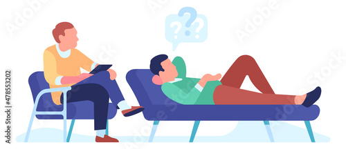 Man lying on couch and talking to therapist. Psychoanalysis session © VectorBum