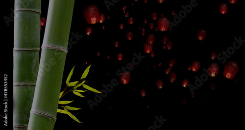 The 3d rendering of Red lantern over green bamboo