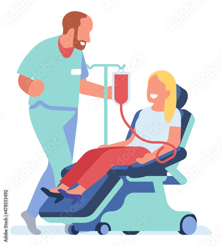 Blood donor sitting in hospital chair and talking to medical worker