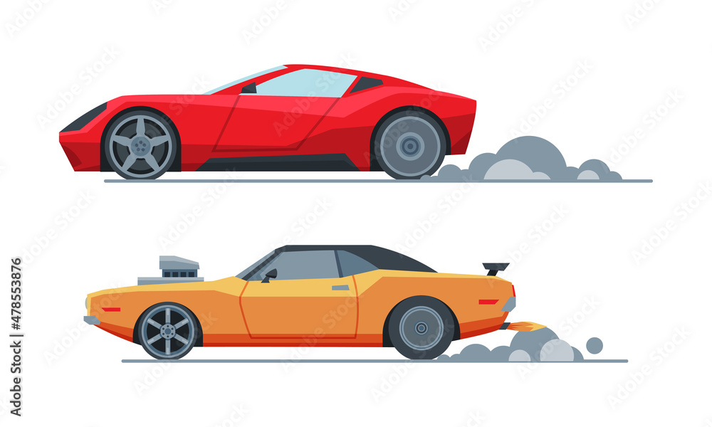Naklejka premium Automobile or Car Participating in Drag or Motor Racing Vector Set