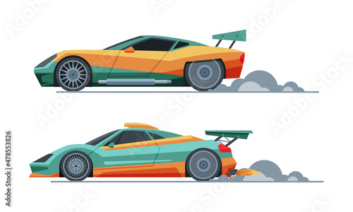 Automobile or Car Participating in Drag or Motor Racing Vector Set