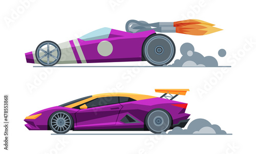 Automobile or Car Participating in Drag or Motor Racing Vector Set