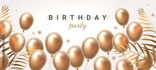 Canvas Print Vector happy birthday illustration with realistic golden color air balloon and palm leaf