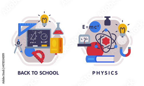 School Education Composition with Text Caption and Educational Objects Vector Set