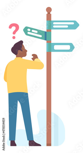 Man looking at signpost. Choosing right way concept