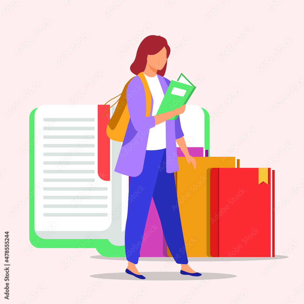 A college student reads book and back bag to Campus. Off to college. Vector colorful illustration. A college student reads book and back bag to Campus. Off to college. Vector colorful illustration.