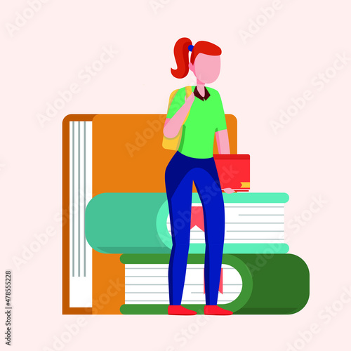 A college student brings book and side bag to Campus. Off to college. Vector colorful illustration. photo