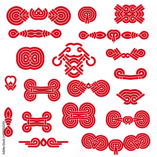 Chinese fasteners for qipao dresses. Red template in asian style for clothes design. Objects isolated on a white background. Vector set.