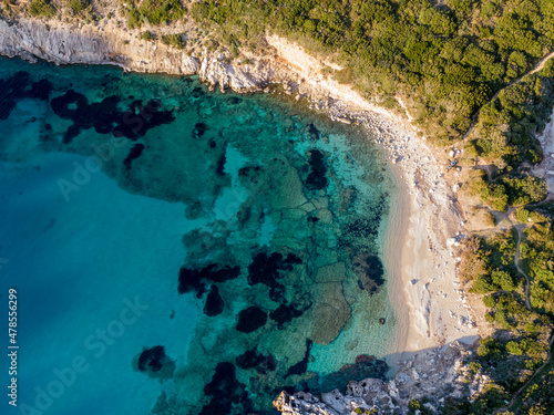Aerial drone photo of famous double paradise azure beach of Porto Timoni in Northern part of Corfu island, Ionian, Greece