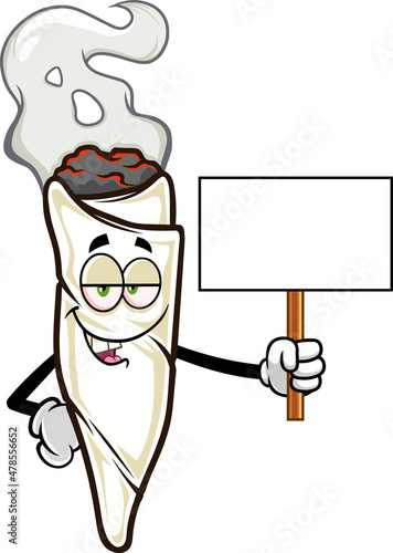 Funny Marijuana Joint Cartoon Character Holding A Blank Sign. Vector Hand Drawn Illustration Isolated On Transparent Background