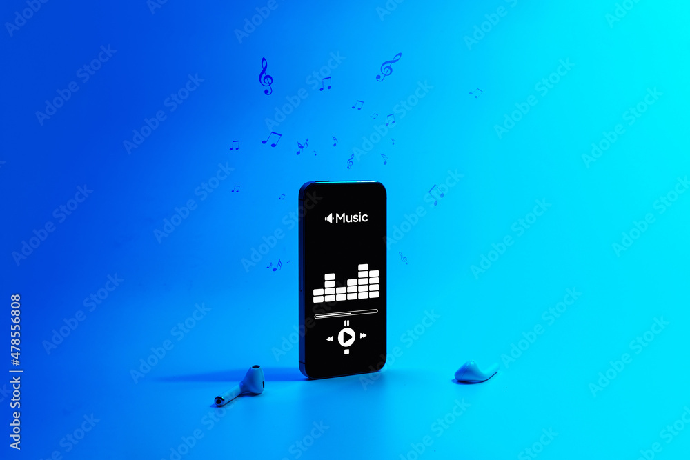 Music banner. Mobile smartphone screen with music application, sound headphones. Audio voice with radio beats on blue gradient background. Broadcast media music banner with copy space.