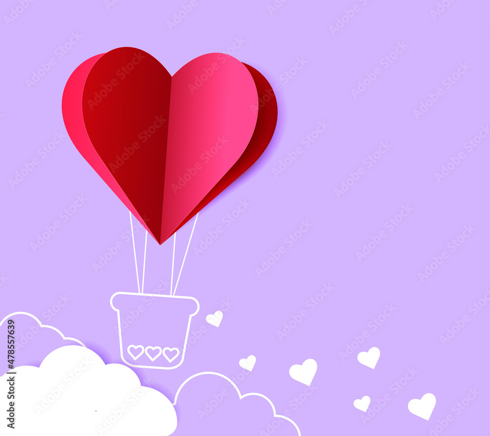 Paper cut heart air balloon on pastel color background. Romantic poster. Vector symbols of love in shape of heart for greeting card design 