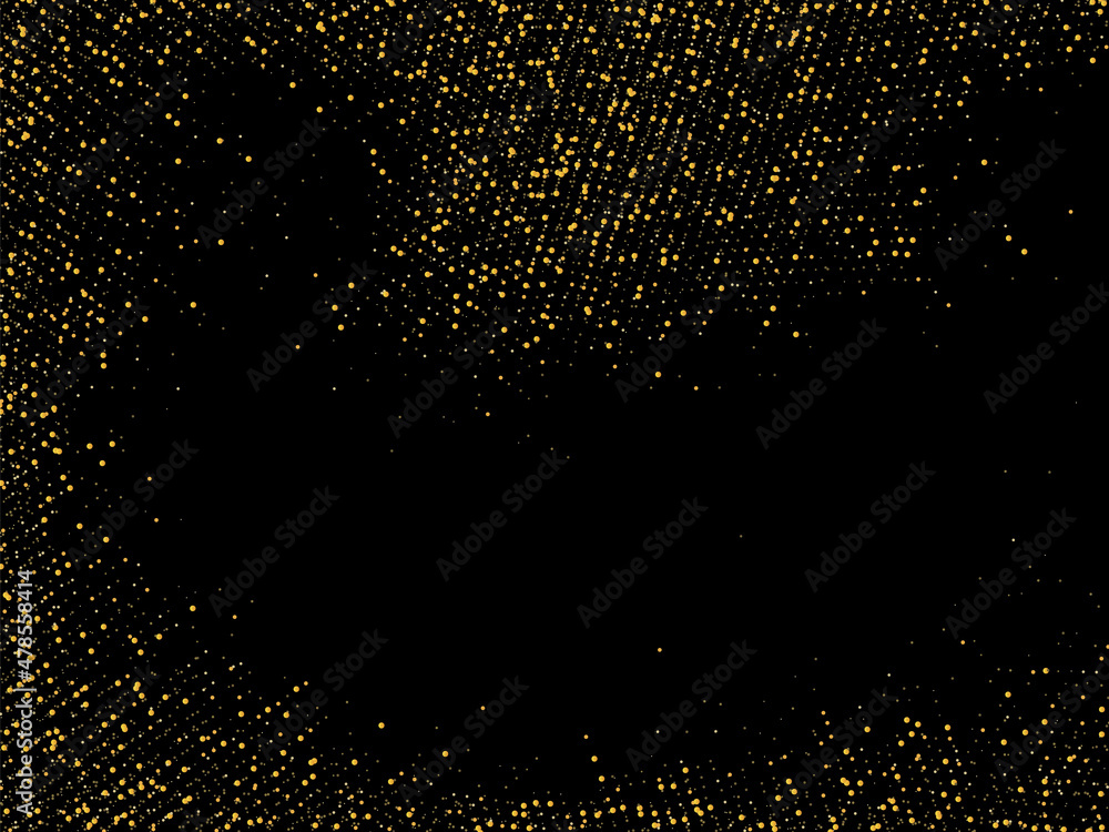 Gold glitter confetti on a black background. Shiny sand particles scattered in a circle. Decorative items. Luxury background for your design, greeting cards, invitations, vector