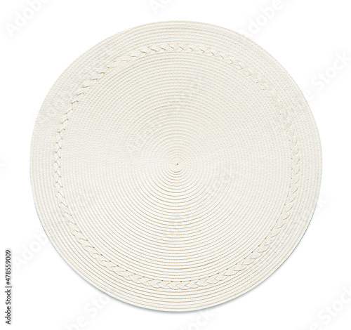 Top view of white round woven placemat, isolated