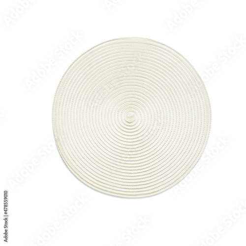 Top view of white round woven placemat, isolated