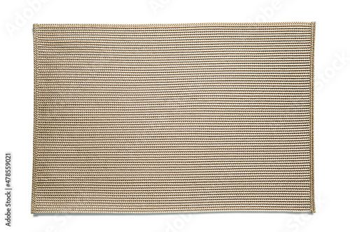 Top view of beige woven rectangular placemat, isolated