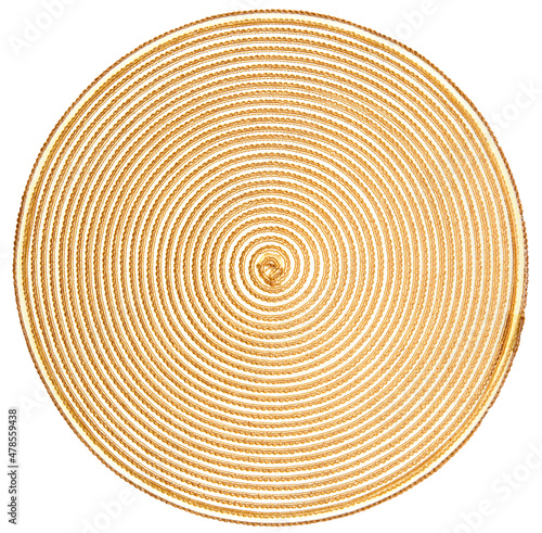 Top view of beige round woven placemat, isolated