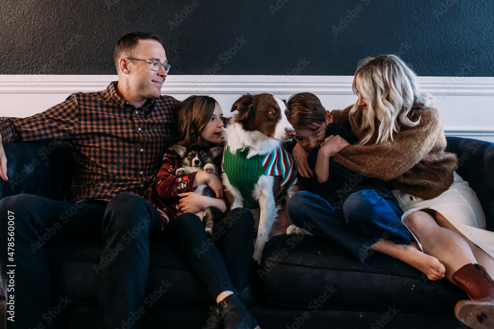 Cute family snuggling on couch with dogs Cute family snuggling on couch with dogs
