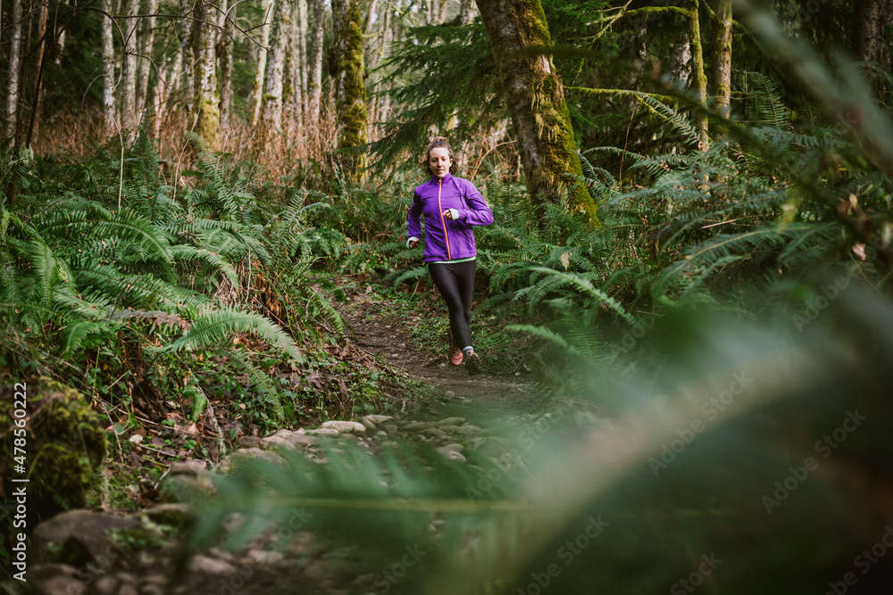 Female runner in purple jacket on rocky trail surrounded by ferns Female runner in purple jacket on rocky trail surrounded by ferns