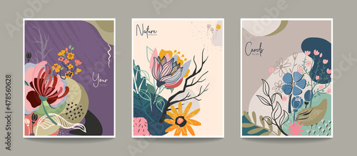 Set of abstract floralpre-made cards. Modern trendy vector collection