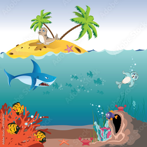 Palm island underwater coral reef and cave