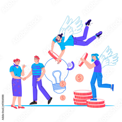 Business investment and entrepreneurship support, business angel investors concept. Investment money to startup or innovation, cartoon flat vector illustration isolated on white background.