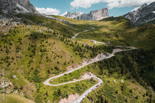 Top down view of winding road at Passo Gardena, Dolomites