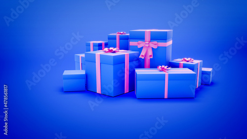 beautiful blue holiday gift box pile - object 3D illustration
