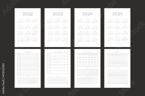 2022 2023 2024 2025 calendar and daily weekly monthly personal planner diary template. Monthly calendar individual schedule minimalist design for business notebook. Week starts on sunday