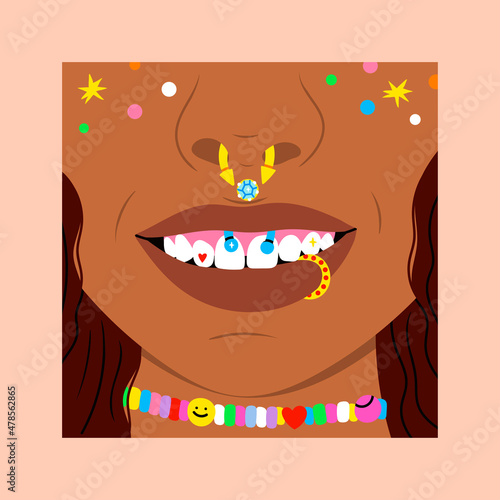 Close up portrait of smiling Young woman with a nose and mouth Piercing. Colorful beaded necklace. Different Piercings Jewelry. Septum, smiley, medusa, labret. Hand drawn modern Vector illustration