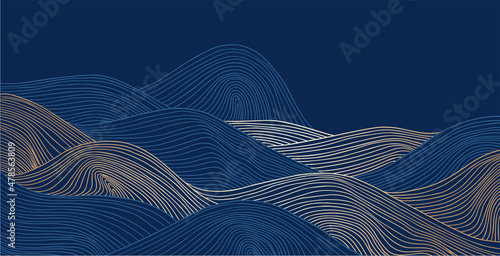 abstract grid landscape background in asian style, blue and gold	