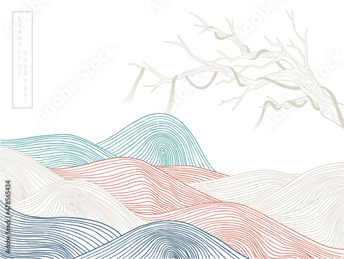 abstract art, light colorful lined illustration of branch with tape with gold waves	