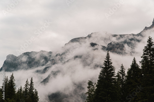 Misty landscape with fir forest, lake and mountain in hipster vintage retro style. Dolomity italy