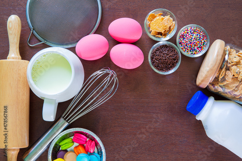 Confectionery and cake equipment,Bowls of ingredients needed for baking colorful cupcakes