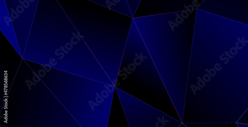 Realistic dark blue background with low poly shape and shadow. Abstract blue banner