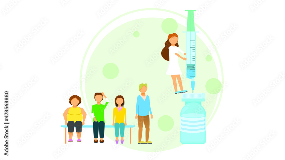Fototapeta premium Abstract Flat Medic Woman Vaccinates People Cartoon People Character Concept Illustration Vector Design Style Coronavirus COVID-19 Mass Vaccination Healthcare Epidemic