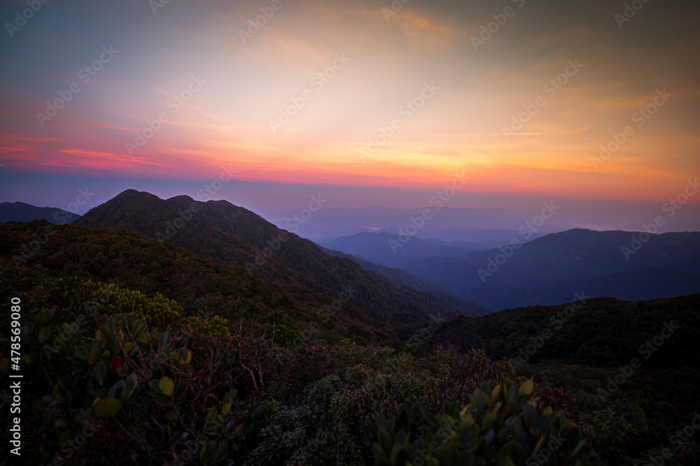 Mountain valley during sunrise. Natural summer landscape 