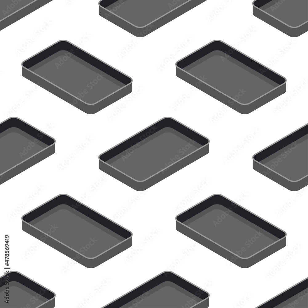 Baking dish seamless pattern. Metal rectangular baking tray for baking meat, fish, cake, pie or other food, isometric style. Baking dish seamless pattern. Metal rectangular baking tray for baking meat, fish, cake, pie or other food, isometric style.