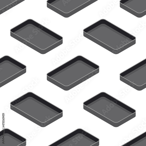 Baking dish seamless pattern. Metal rectangular baking tray for baking meat, fish, cake, pie or other food, isometric style.