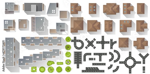 Set of elements top view for landscape design. Buildings and trees for map of City. Collection, kit of Objects. House, factory, skyscraper, hotel, manufacturing. Isolated Vector element from above photo