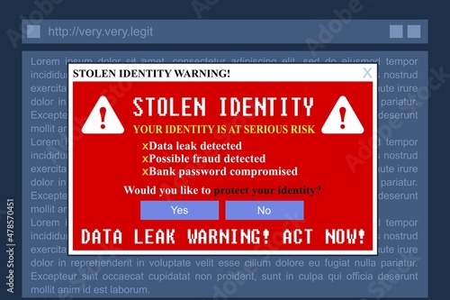 Stolen identity fake popup banner