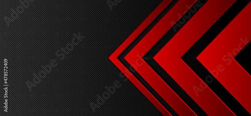 Black perforated steel sheet background. Red 3D arrowhead. Design texture elements for banner, template, card, cover, poster, backdrop, wall. Vector illustration.