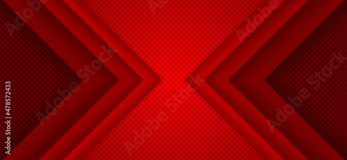 Red perforated steel sheet background. Paper cut 3D arrowheads. Design texture elements for banner, template, card, cover, poster, backdrop, wall. Vector illustration.