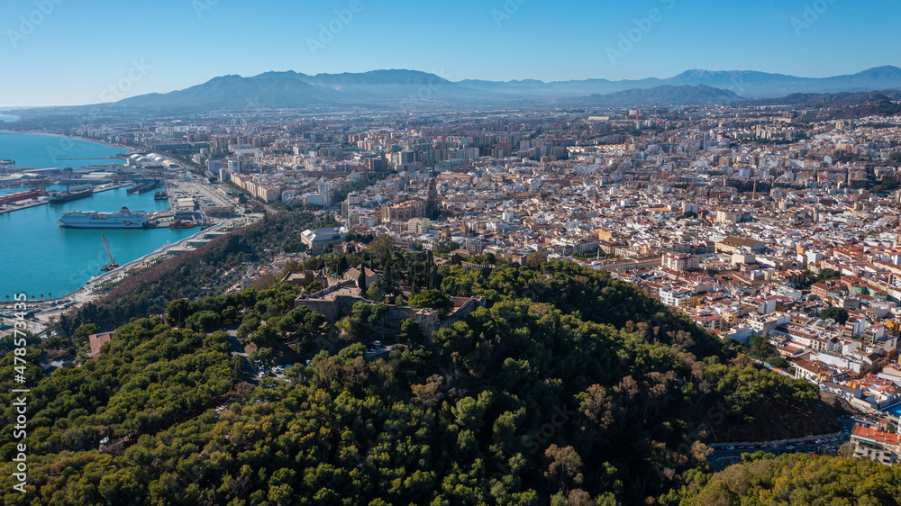 Aerial photo from drone to of Malaga Gibralfaro castle in the background a panoramic view of the city of Malaga. Malaga.Spain,Costa del sol, Andalusia (Series)